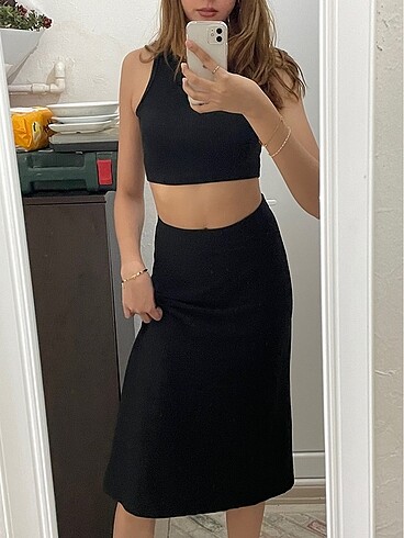 Zara Siyah midi keten etek