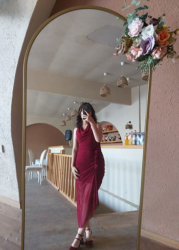 Bordo Drapeli Elbise - Görsel 2