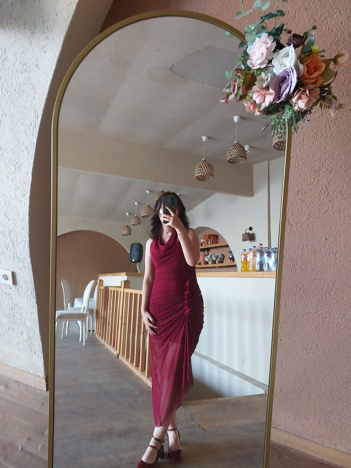 Bordo Drapeli Elbise - Görsel 2