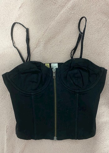 Siyah Denim Fermuarlı Straplez Büstiyer