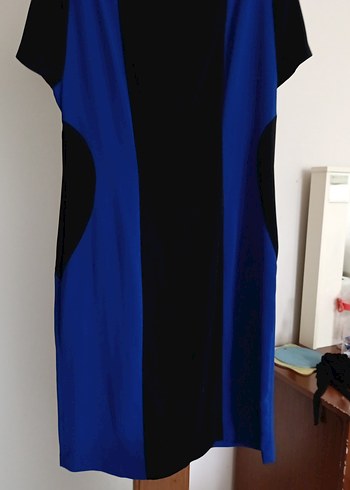 Mavi Siyah Drapeli Midi Kalem Elbise - Görsel 6