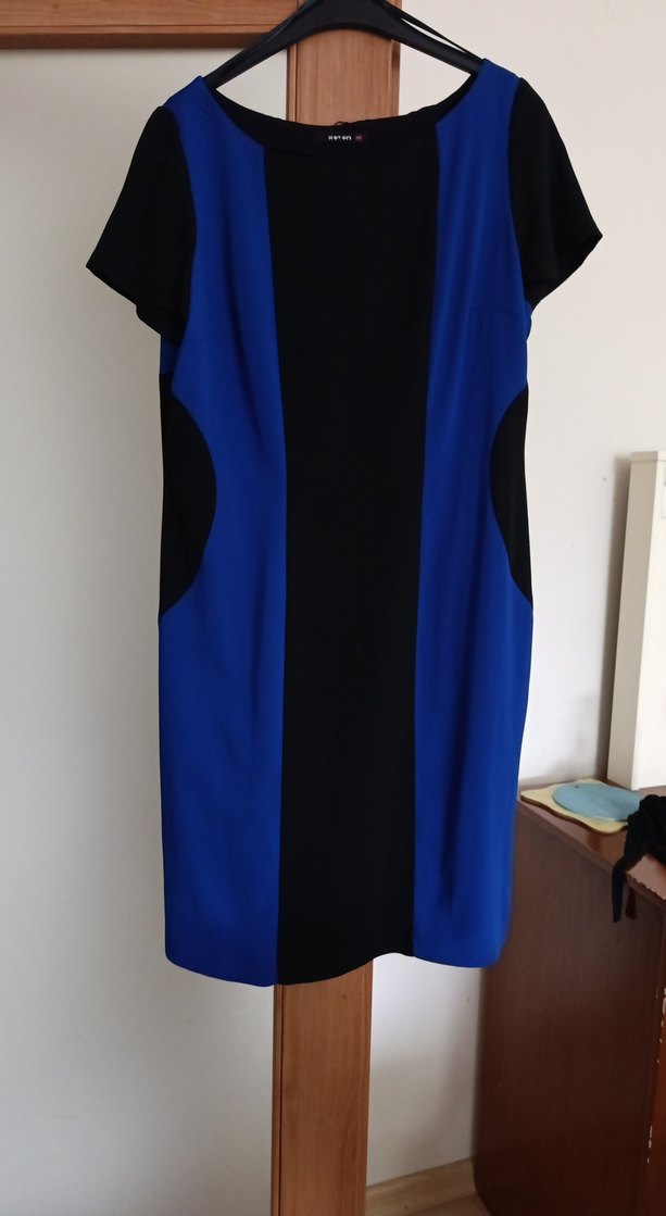 Mavi Siyah Drapeli Midi Kalem Elbise - Görsel 2