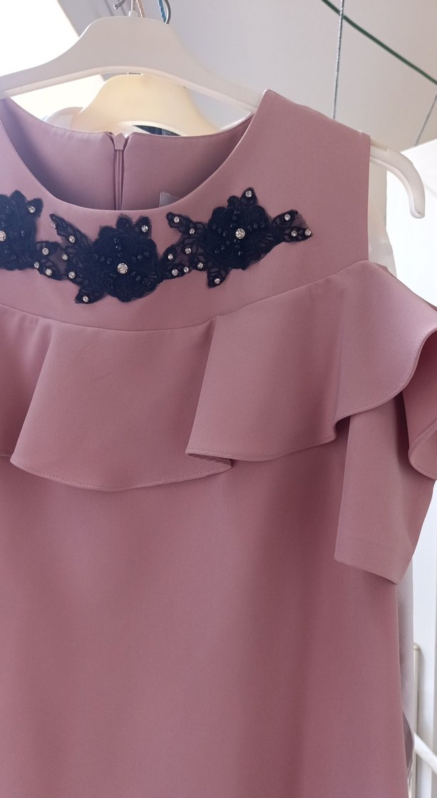 Bej Midi Drapeli Straplez Elbise - Görsel 2