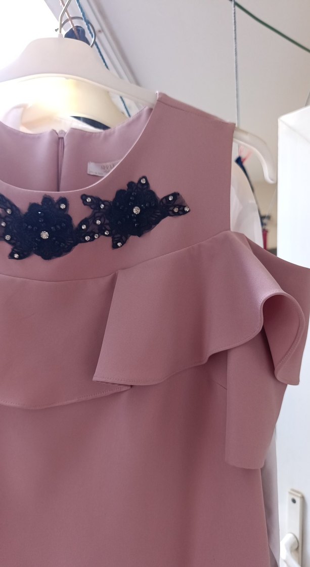 Bej Midi Drapeli Straplez Elbise - Görsel 4