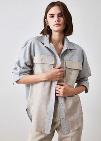 Trendyol & Milla Oversize Bej Gri Gomlek Rahat Ve Sik