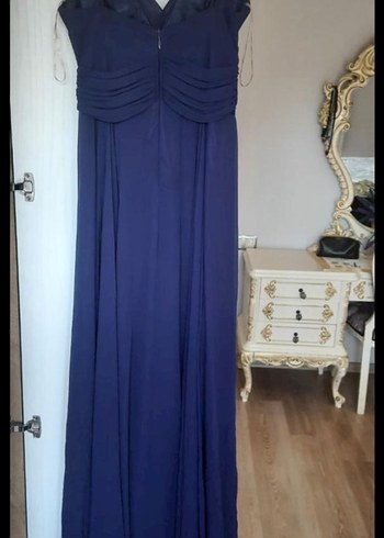 Lacivert Uzun Drapeli Kadın Abiye Elbise - Görsel 2