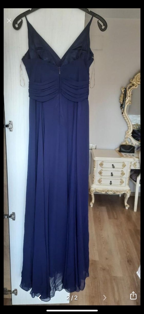 Lacivert Uzun Drapeli Kadın Abiye Elbise - Görsel 2