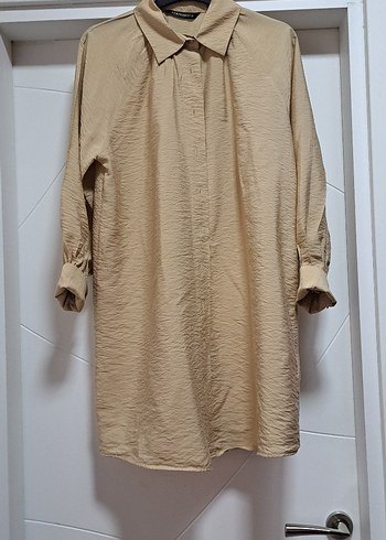 Bej Uzun Kollu Kadın Keten Tunik