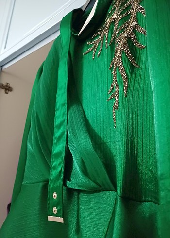 Uzun Kollu Yeşil İşlemeli Abiye Elbise - Görsel 5