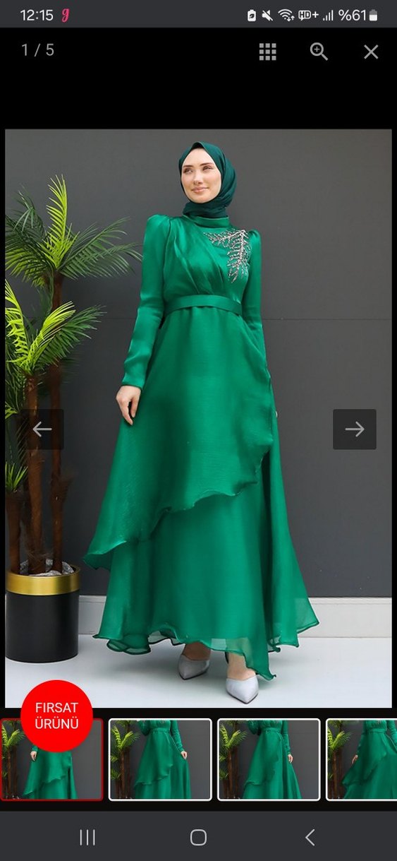 Uzun Kollu Yeşil İşlemeli Abiye Elbise - Görsel 4