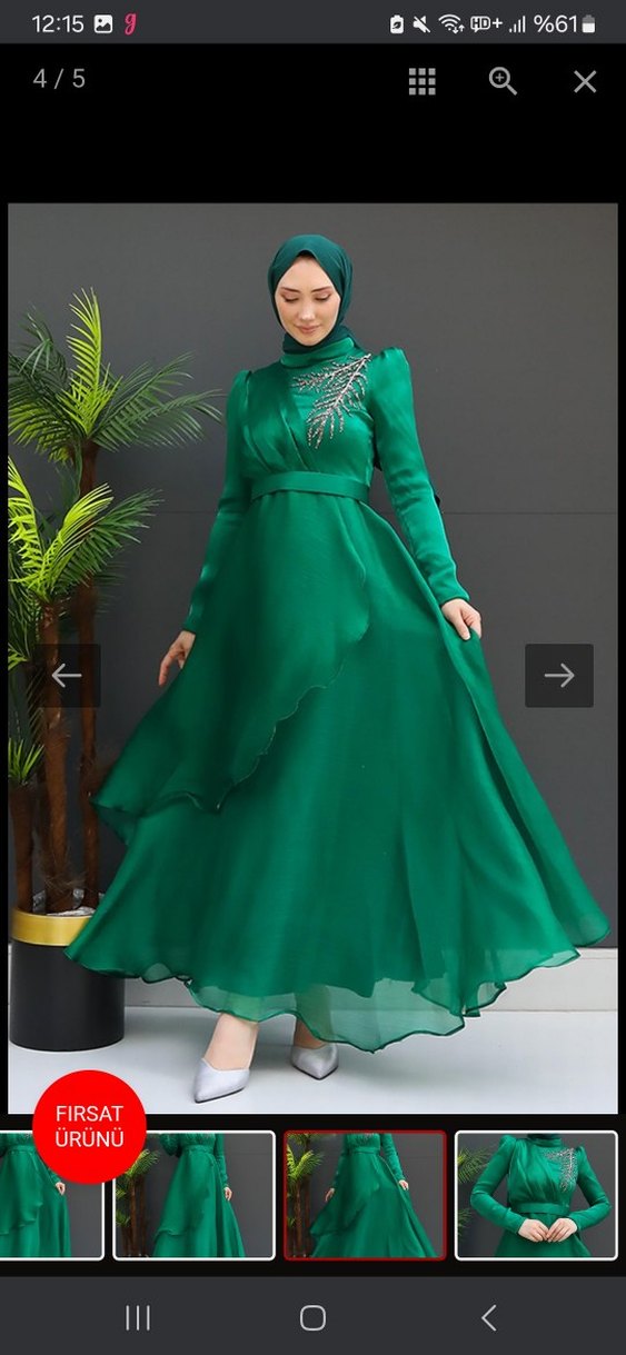 Uzun Kollu Yeşil İşlemeli Abiye Elbise - Görsel 2