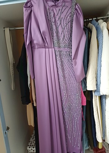 lila Uzun Kollu Drapeli Abiye Elbise - Görsel 5