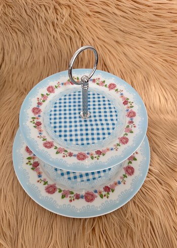 Beden Çift Katlı Pastel Mavi Desenli Servis Tabağı