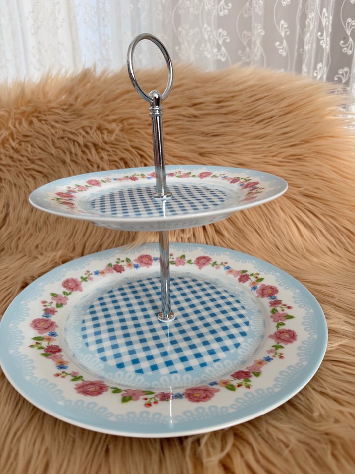 Çift Katlı Pastel Mavi Desenli Servis Tabağı - Görsel 3