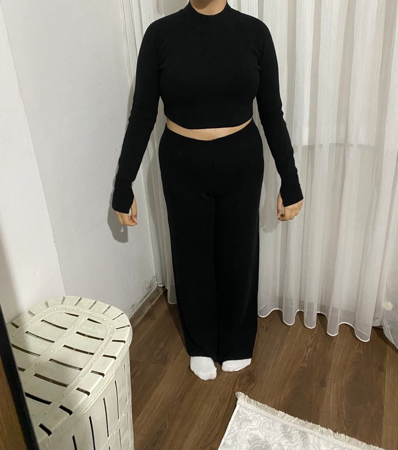 Siyah yarım balıkci orgu crop kazak pantolon triko Alt ust takim - Görsel 2