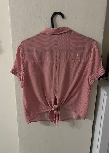 Düğmeli Kısa Kollu Pembe Keten Gömlek - Görsel 2