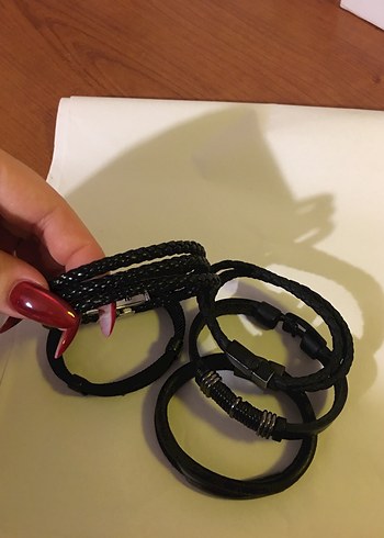 Erkek Siyah 5 adet deri Bileklik Seti kaliteli - Görsel 2