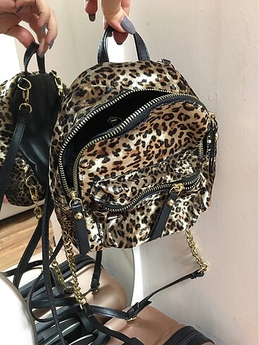 Süet leopar mini sırt çantası
