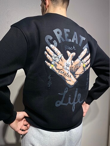 l/xl Beden Üç İplik Siyah Baskılı Sweatshirt