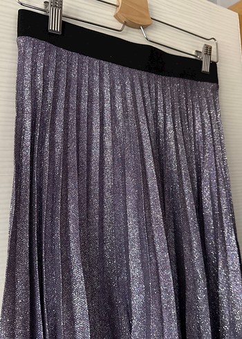 Uzun Pliseli Simli Mor Kadın Etek - Görsel 3