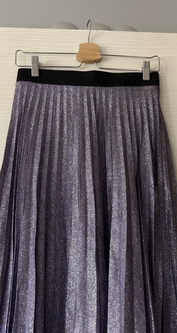 Uzun Pliseli Simli Mor Kadın Etek - Görsel 5