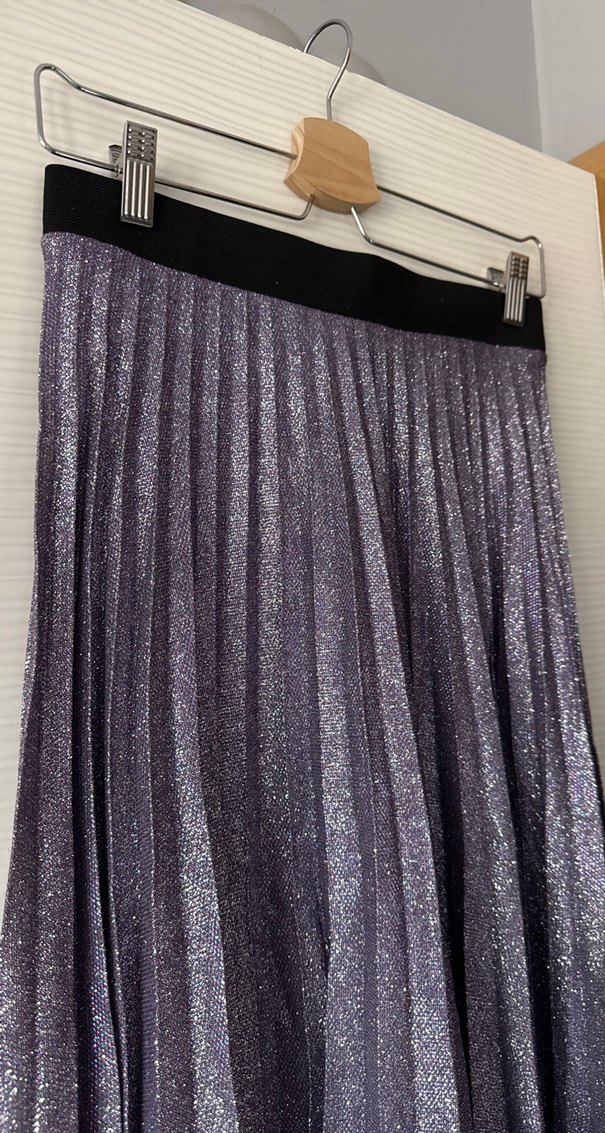 Uzun Pliseli Simli Mor Kadın Etek - Görsel 3