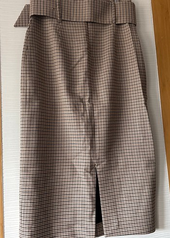 Bej Ekose Desenli Kemerli Midi Etek - Görsel 6