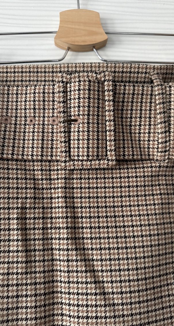 Bej Ekose Desenli Kemerli Midi Etek - Görsel 5