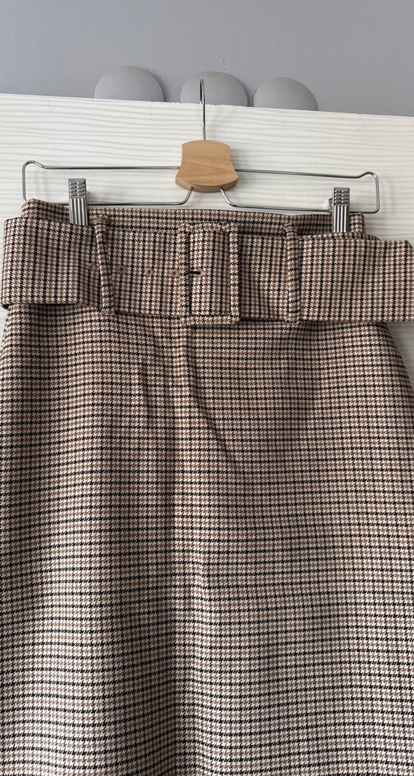 Bej Ekose Desenli Kemerli Midi Etek - Görsel 3