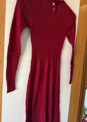 Bordo Kadın Fitilli Triko Elbise - Görsel 5