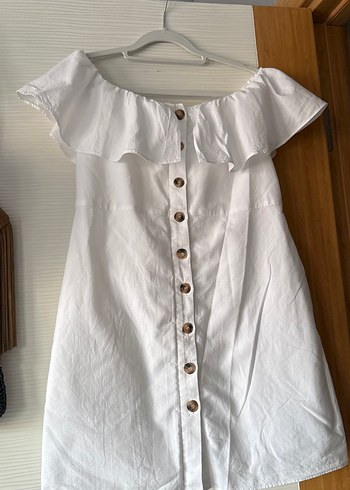 Düğmeli Beyaz Mini Madonna Yaka Keten Elbise