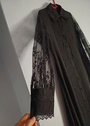 l Beden siyah Renk Uzun Kollu Siyah Pilili Gotik Elbise
