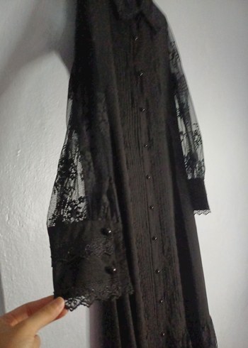 l Beden Uzun Kollu Siyah Pilili Gotik Elbise