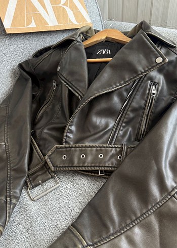 l Beden haki Renk Zara Suni Deri Crop Biker Ceket