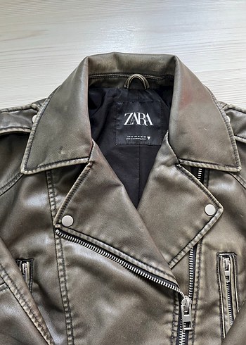 Zara Viral Haki Suni Deri Crop Biker Ceket - Görsel 5