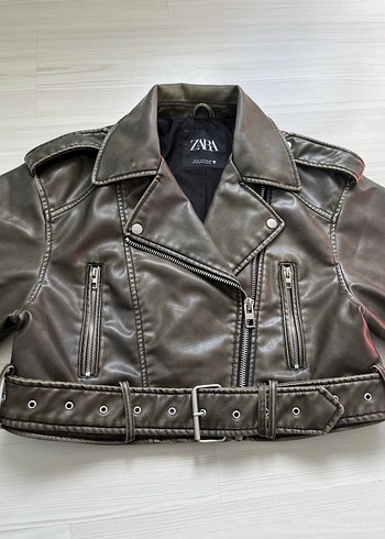 Zara Viral Haki Suni Deri Crop Biker Ceket - Görsel 2