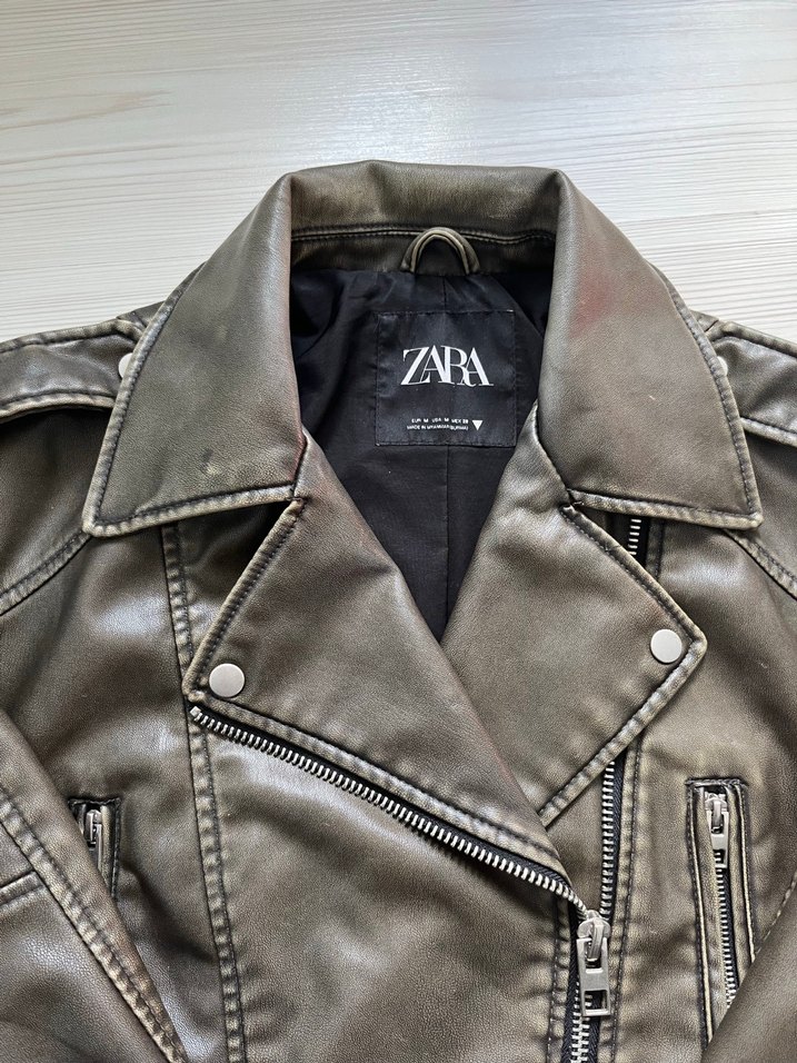 Zara Viral Haki Suni Deri Crop Biker Ceket - Görsel 5