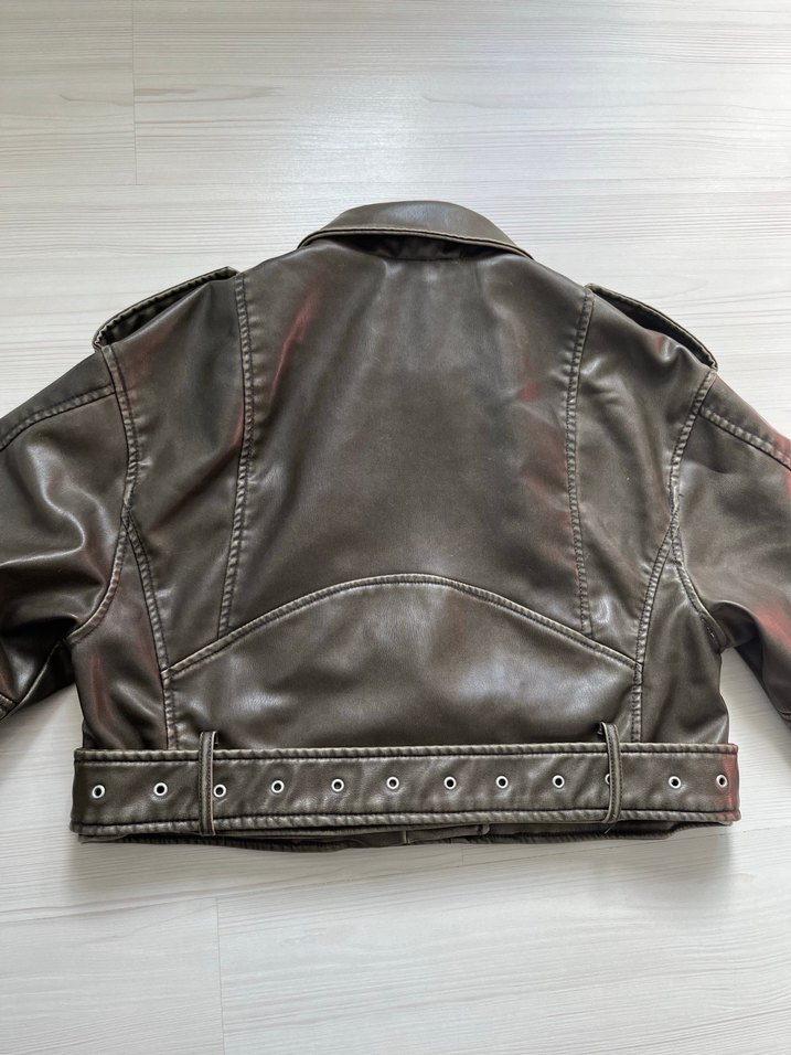 Zara Viral Haki Suni Deri Crop Biker Ceket - Görsel 3