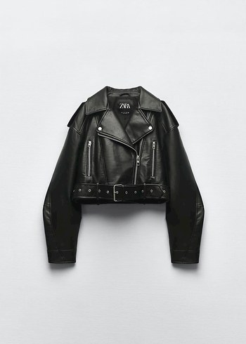 Zara Viral Suni Deri Kemerli Crop Biker Deri Ceket - Görsel 8