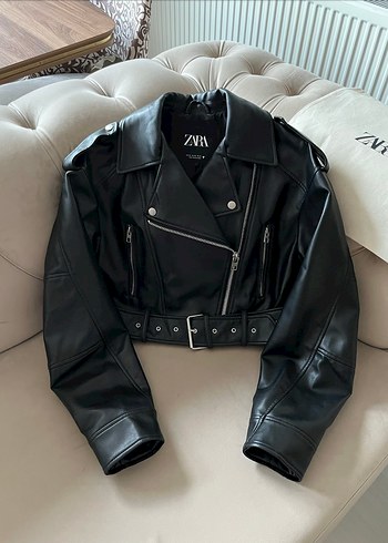 Zara Viral Suni Deri Kemerli Crop Biker Deri Ceket - Görsel 2