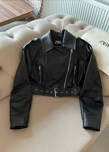 Zara Viral Suni Deri Kemerli Crop Biker Deri Ceket - Görsel 3
