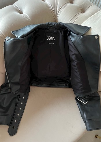 Zara Viral Suni Deri Kemerli Crop Biker Deri Ceket - Görsel 5