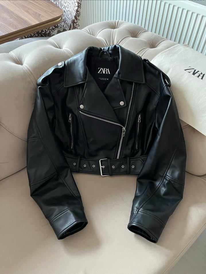 Zara Viral Suni Deri Kemerli Crop Biker Deri Ceket - Görsel 2