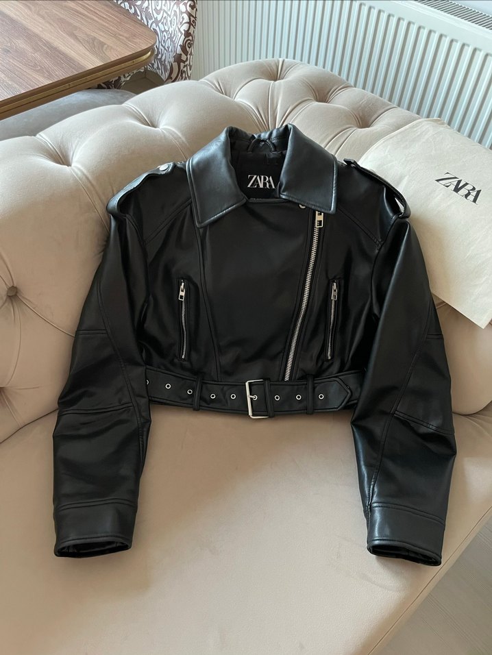Zara Viral Suni Deri Kemerli Crop Biker Deri Ceket - Görsel 3