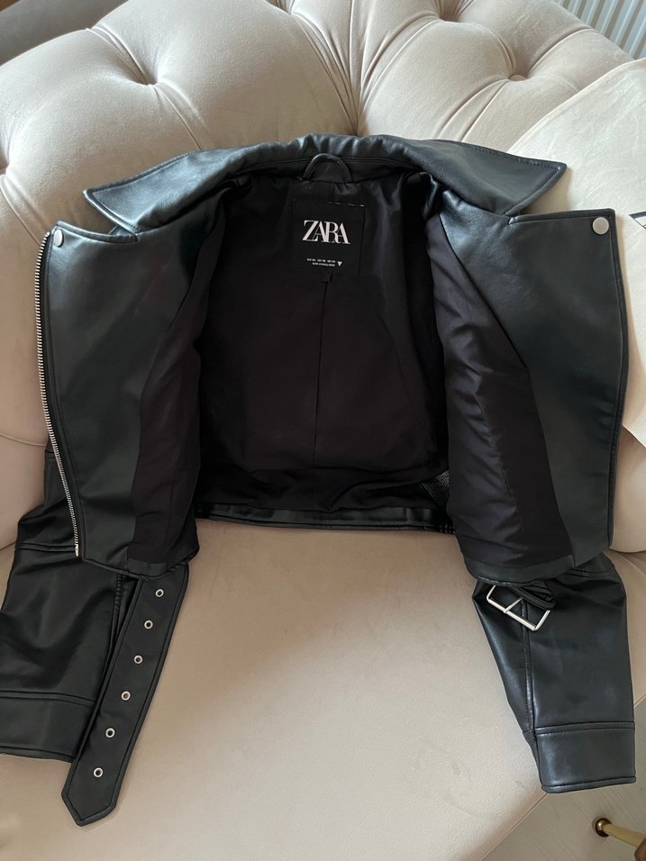 Zara Viral Suni Deri Kemerli Crop Biker Deri Ceket - Görsel 5