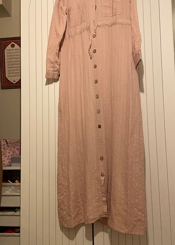 Bej Düğmeli Uzun Keten Elbise - Görsel 2