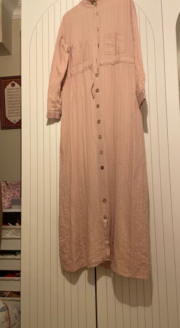 Bej Düğmeli Uzun Keten Elbise - Görsel 2