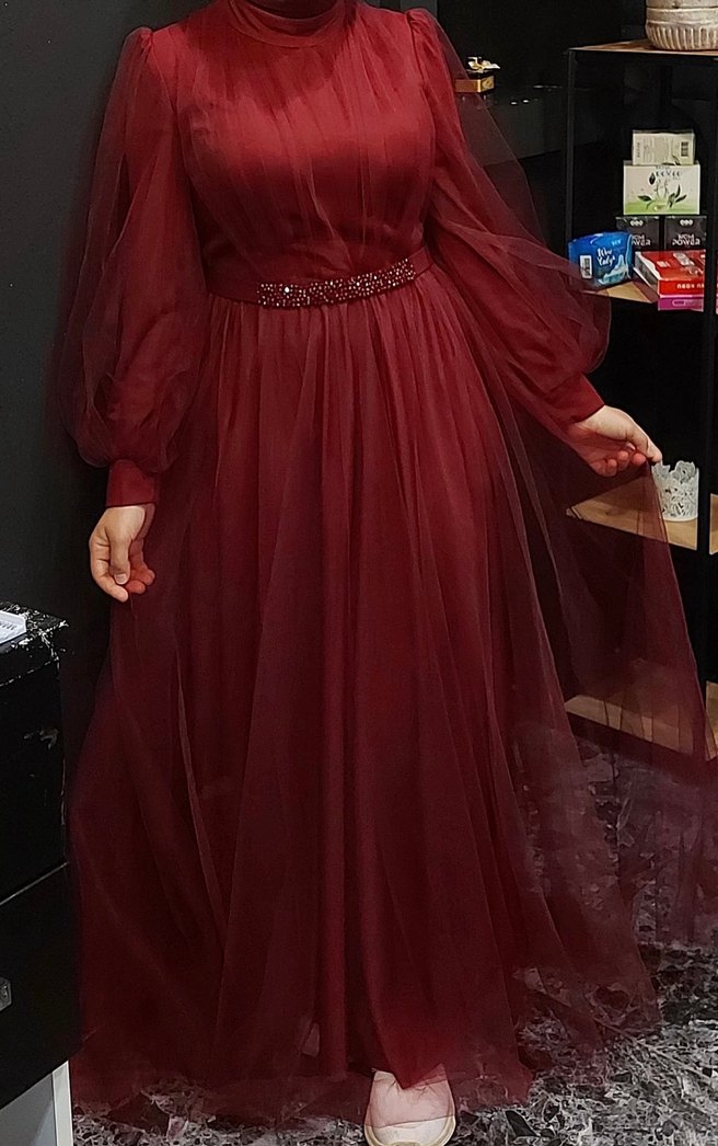 Bordo Uzun Kollu Abiye Elbise - Görsel 2