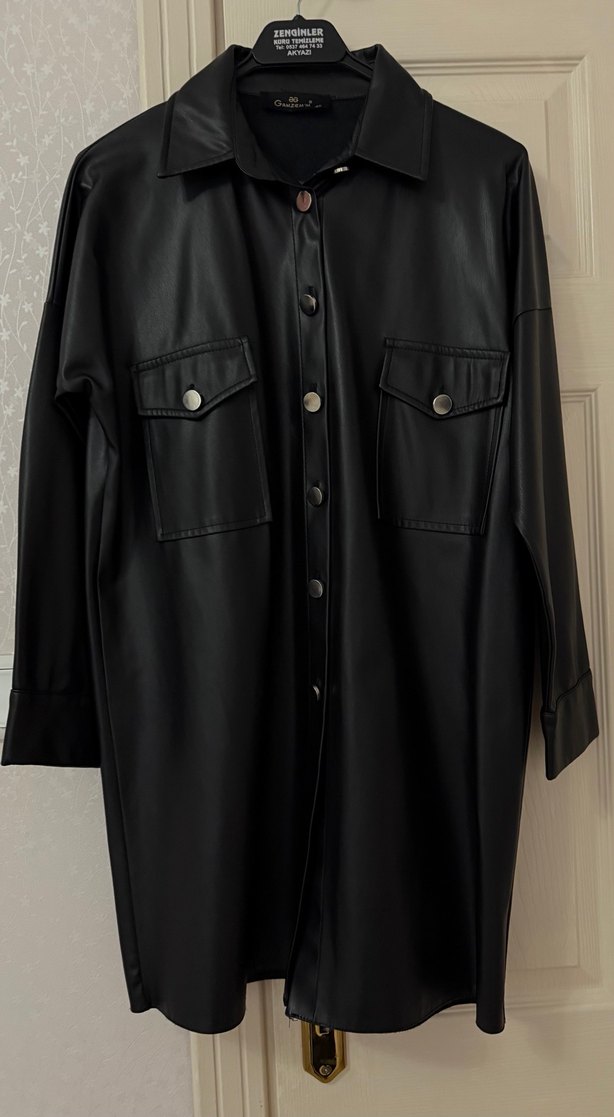 Düğmeli Siyah Deri Kadın Ceket - Görsel 2