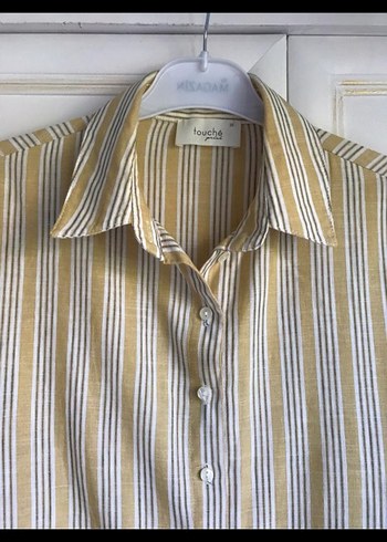 touche Çizgili Keten Volanlı Uzun Kollu Kadın Gömlek - Görsel 5